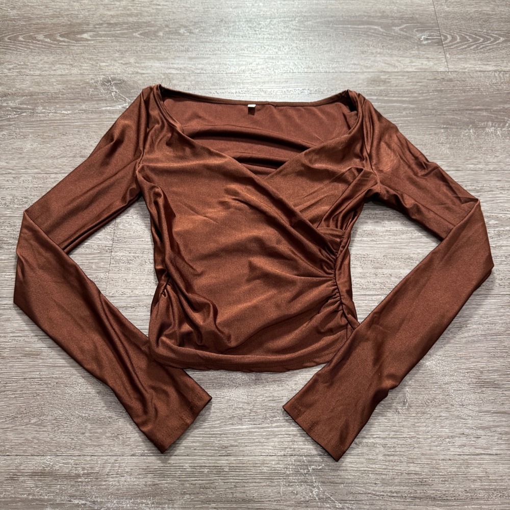 Wrap Top Women XS Brown Shiny Ruched Long Sleeve Party Clubwear Night Chic Club
